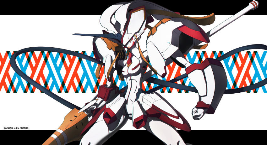 1girl clenched_hand copyright_name darling_in_the_franxx highres holding holding_weapon horns lance letterboxed looking_at_viewer mecha murasaki_saki open_mouth polearm red_eyes solo strelizia weapon