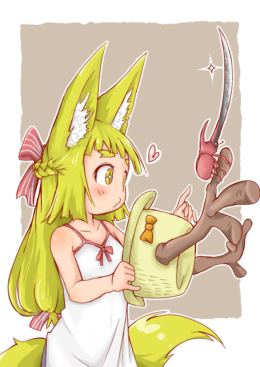 1girl :3 absurdres animal_ears antlers bare_arms bare_shoulders blade blonde_hair bow braid commentary_request doitsuken dress fox_child_(doitsuken) fox_ears fox_tail french_braid grey_background heart highres long_hair low-tied_long_hair orange_bow original rhinoceros_ears simple_background solo sparkle tail white_dress yellow_eyes