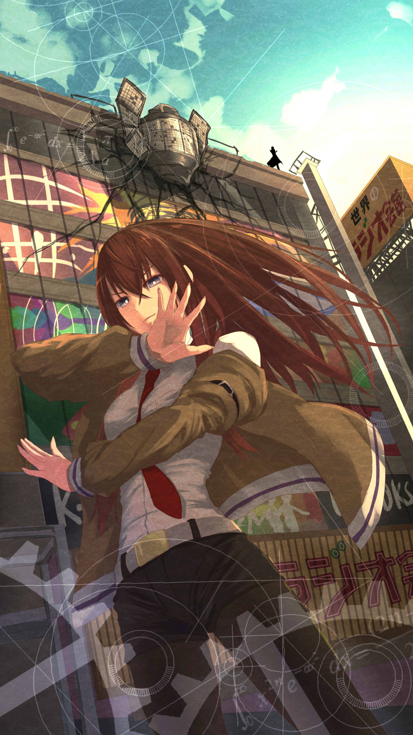 &gt;:) 1girl absurdres arm_belt bakanoe bangs belt between_breasts black_shorts blue_sky breast_pocket breasts bright_pupils brown_hair brown_jacket buckle building city closed_mouth clouds day dutch_angle eyebrows_visible_through_hair from_below hair_between_eyes highres jacket long_hair long_sleeves makise_kurisu medium_breasts necktie necktie_between_breasts off_shoulder okabe_rintarou open_clothes open_jacket outdoors pantyhose pantyhose_under_shorts pocket red_neckwear ringed_eyes satellite shirt short_shorts shorts silhouette sky smug solo_focus steins;gate straight_hair very_long_hair violet_eyes white_shirt