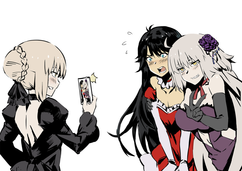 3girls artoria_pendragon_(all) backless_outfit black_dress black_gloves black_hair black_ribbon blonde_hair blue_eyes blush braid breasts cellphone character_request commentary_request dress elbow_gloves embarrassed fate/grand_order fate_(series) flower flying_sweatdrops gloves grey_hair grin hair_bun hair_flower hair_ornament hair_ribbon holding holding_phone jeanne_d'arc_(alter)_(fate) jeanne_d'arc_(fate)_(all) juliet_sleeves large_breasts long_hair long_sleeves looking_at_another multiple_girls nanaya_(daaijianglin) open-back_dress open_mouth phone puffy_sleeves red_dress red_gloves ribbon saber_alter simple_background smartphone smile taking_picture v very_long_hair white_background white_gloves wide-eyed wide_sleeves yellow_eyes