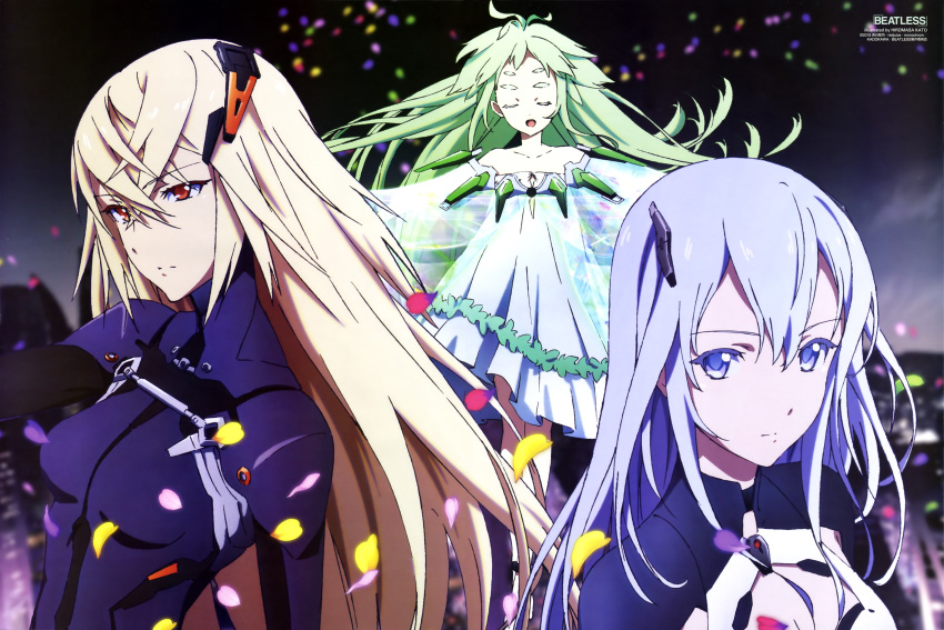 3girls absurdres beatless black_bodysuit blonde_hair bodysuit breasts city cleavage_cutout closed_eyes clouds dress expressionless green_hair highres katou_hiromasa lavender_eyes lavender_hair leicia long_hair looking_at_viewer magazine_request magazine_scan medium_breasts methode multiple_girls night official_art open_mouth orange_eyes outdoors petals scan smile snowdrop_(beatless) strapless strapless_dress thick_eyebrows white_dress