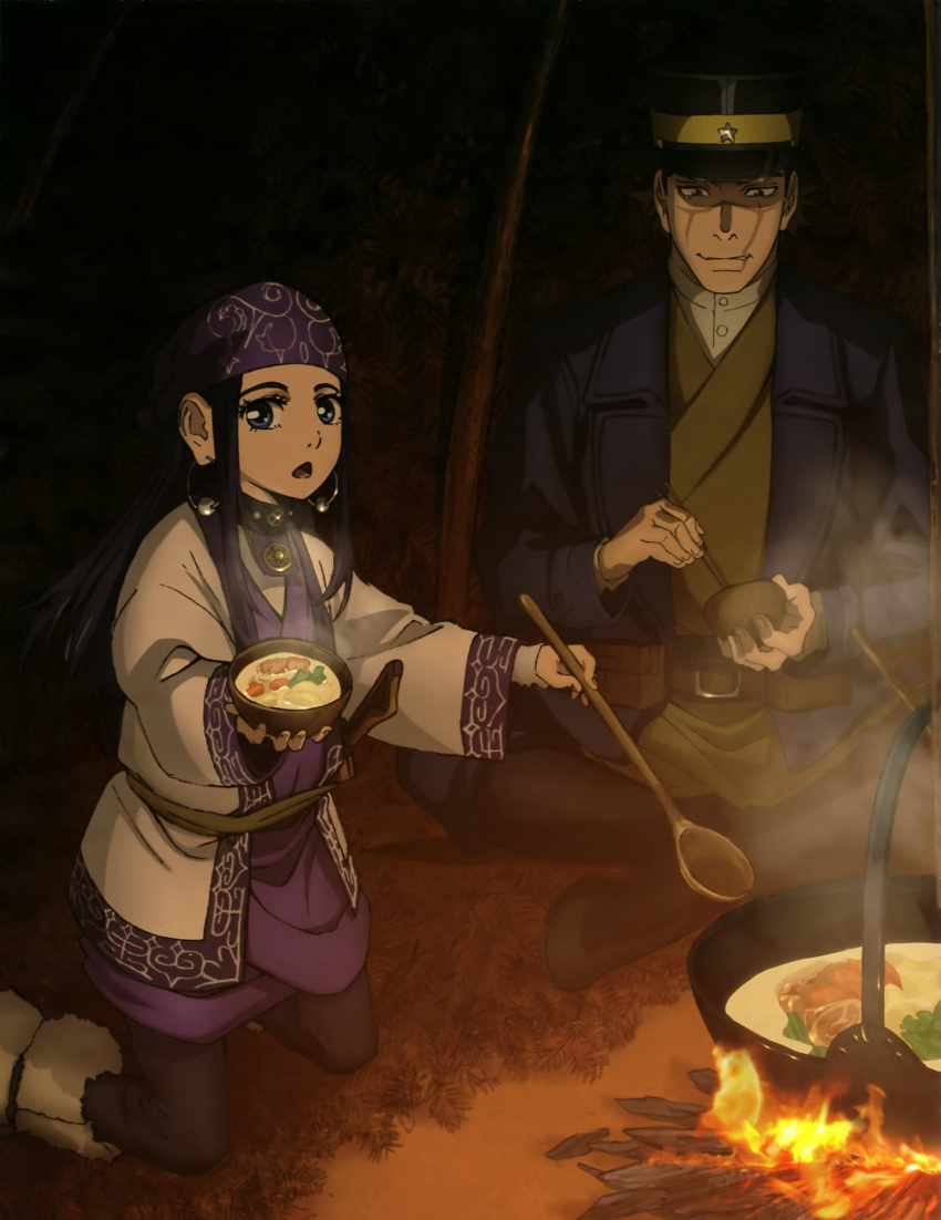 1boy 1girl absurdres ainu_clothes artist_request asirpa bandanna belt black_choker black_footwear black_hair black_hat blue_eyes blue_jacket blue_pants boots brown_eyes brown_hair choker chopsticks earrings fire fireplace food food_bowl fur_boots golden_kamuy green_kimono hat highres indoors jacket japanese_clothes jewelry kimono kneeling legs_crossed long_hair looking_at_viewer magazine_request night official_art open_mouth outstretched_arm pants print_bandana purple_bandana scan scar shirt sitting smirk sugimoto_saichi uniform white_shirt