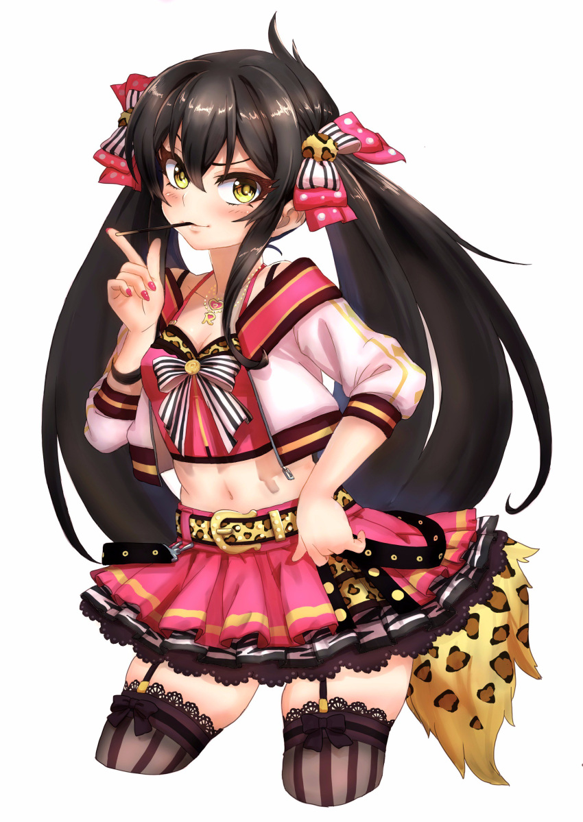 1girl absurdres animal_print belt belt_buckle black_hair blush bow buckle commentary_request cropped_jacket cropped_legs fake_tail food food_in_mouth garter_straps hair_between_eyes hair_ribbon heart heart_necklace highres idolmaster idolmaster_cinderella_girls jacket jewelry layered_skirt leopard_print long_hair looking_at_viewer matoba_risa misairu nail_polish navel necklace open_clothes open_jacket pink_nails pocky pocky_day ribbon sidelocks simple_background skindentation skirt solo striped striped_bow tail thigh-highs twintails vertical_stripes white_background yellow_eyes