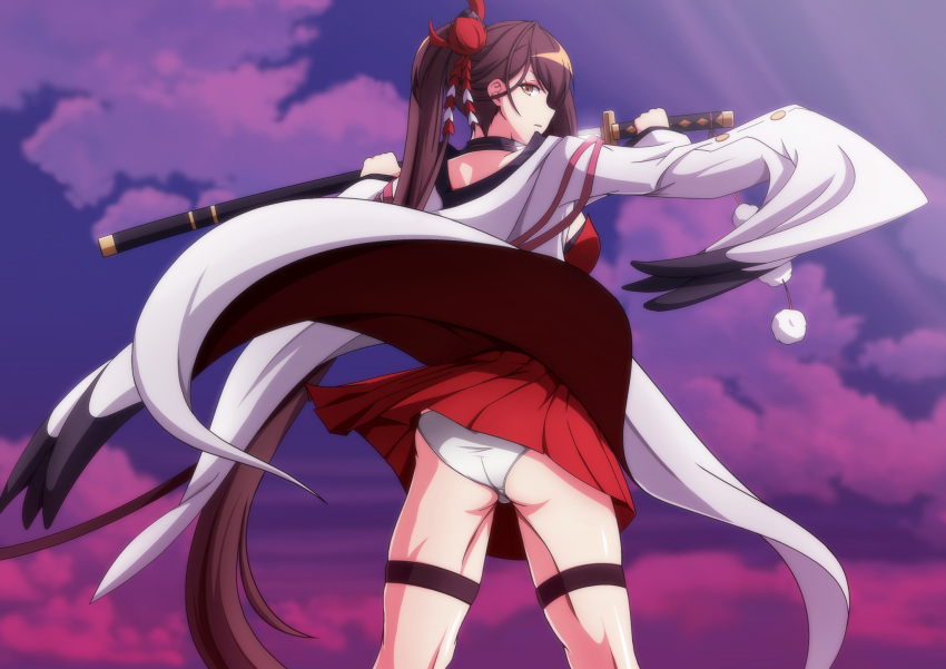 1girl ass azur_lane bangs breasts brown_hair closed_mouth clothes_lift clouds commentary cowboy_shot dress dress_lift eyeliner hair_between_eyes hair_ornament hands_up high_ponytail highres holding holding_sword holding_weapon hood japanese_clothes kanzashi katana kimono large_breasts long_hair long_sleeves looking_at_viewer makeup makiri_akira open_clothes open_kimono panties pom_pom_(clothes) ponytail profile purple_sky red_dress sheath sidelocks skindentation sleeveless sleeveless_dress solo standing sword underwear unsheathing very_long_hair weapon white_kimono white_panties wide_sleeves wind wind_lift yellow_eyes zuikaku_(azur_lane)