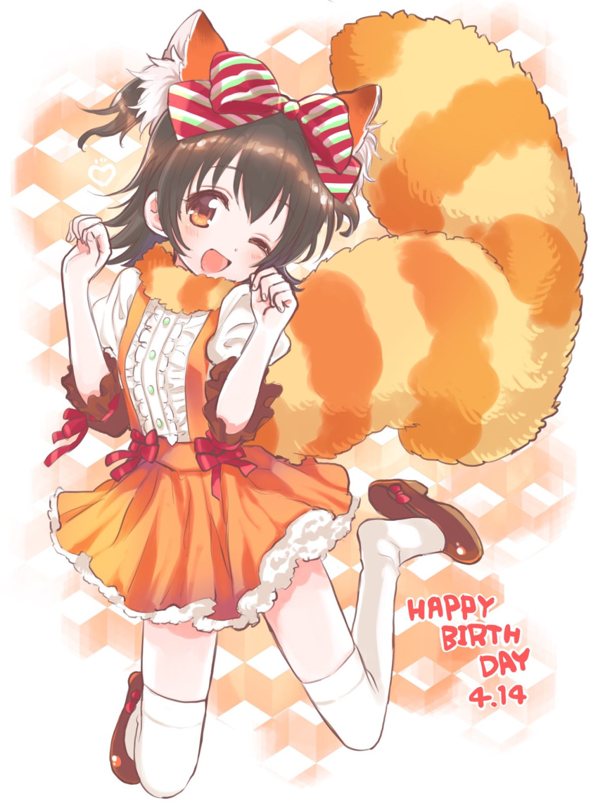 1girl akagi_miria amezawa_koma animal_ears black_hair blouse blush bow brown_eyes claw_pose commentary_request dated fake_animal_ears fake_tail frilled_sleeves frills full_body hair_bow happy_birthday highres idolmaster idolmaster_cinderella_girls juliet_sleeves long_sleeves one_eye_closed open_mouth puffy_sleeves red_panda_ears red_panda_tail red_ribbon ribbon scarf shoe_bow shoe_dangle shoes short_hair skirt smile solo striped striped_bow suspender_skirt suspenders tail thigh-highs two_side_up white_legwear