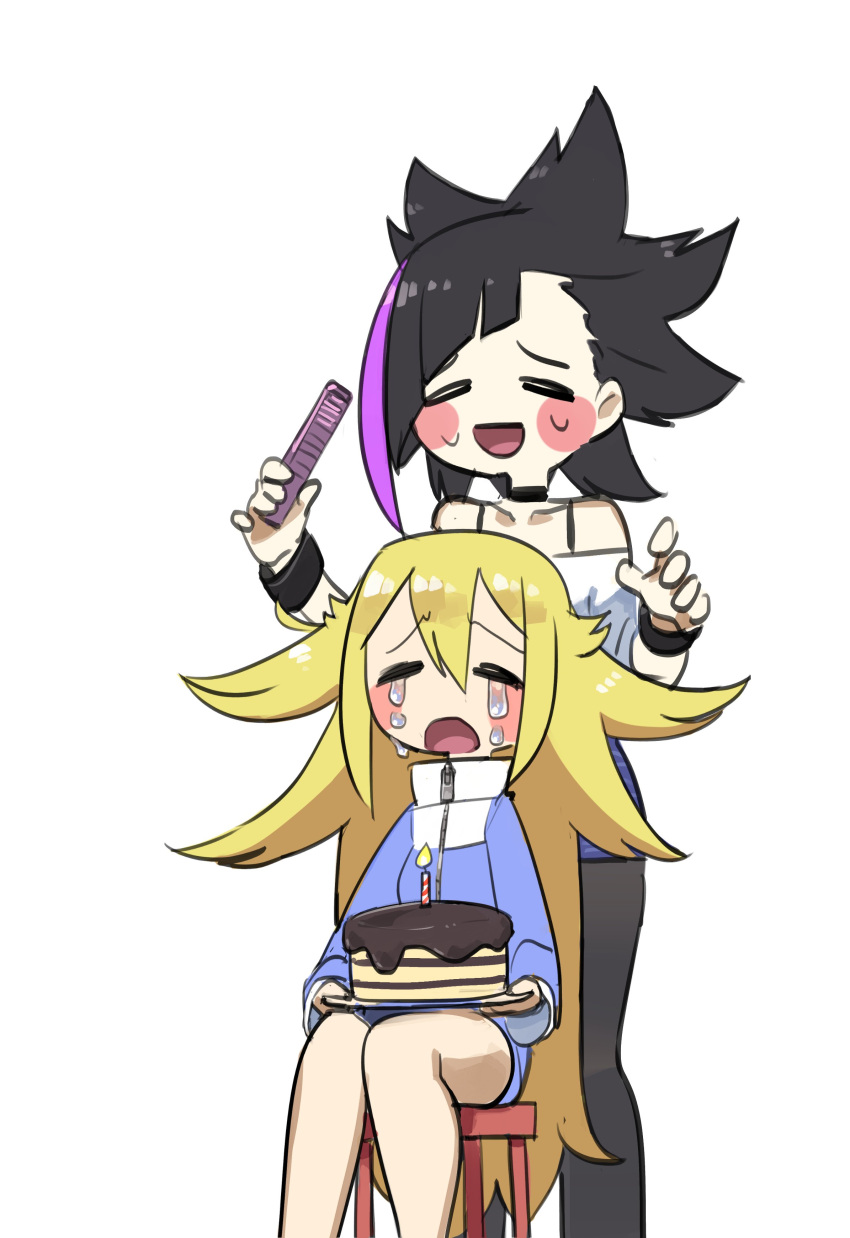 2girls :d =_= absurdres bare_shoulders black_choker black_hair black_legwear blonde_hair blue_skirt blush_stickers cake candle chibi choker closed_eyes commentary_request copyright_request crying eyebrows_visible_through_hair facing_viewer feet_out_of_frame food hair_between_eyes hair_brush hair_flaps highres holding legs_together long_hair long_sleeves messy_hair multiple_girls open_mouth pantyhose pencil_skirt simple_background sitting skirt smile stool tears tostantan tray very_long_hair white_background