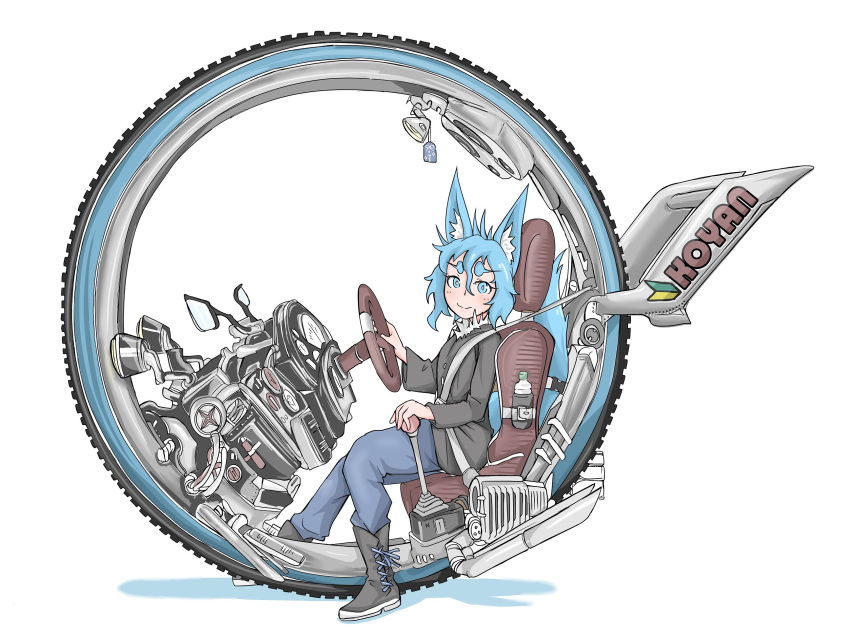 1girl animal_ears blue_eyes blue_hair blue_pants bottle brown_footwear closed_mouth commentary_request doitsuken fox_ears from_side grey_footwear highres long_sleeves looking_at_viewer monowheel original pants science_fiction simple_background sitting smile solo wheel white_background