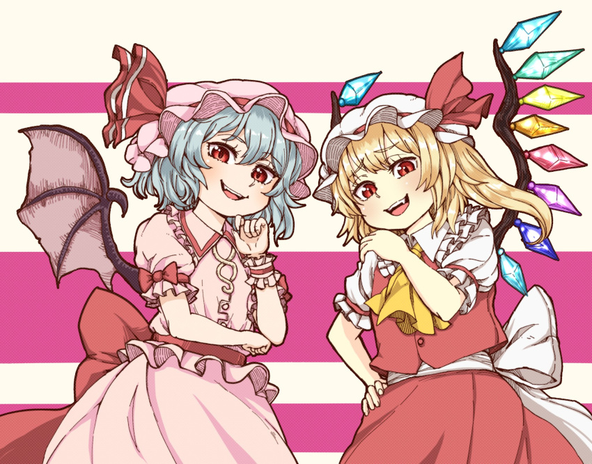 2girls ascot bat_wings blonde_hair blue_hair bow fang finger_to_chin flandre_scarlet halftone hand_on_hip hat hat_ribbon highres looking_at_viewer mob_cap multiple_girls natsushiro pink_background red_eyes remilia_scarlet ribbon siblings sisters striped striped_background touhou white_background wings yellow_neckwear