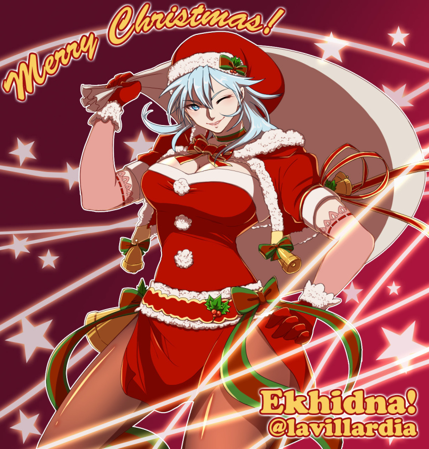 ! 1girl artist_name bell blue_eyes blue_hair bow breasts character_name christmas christmas_ornaments cleavage echidna_(fire_emblem) fire_emblem fire_emblem:_fuuin_no_tsurugi fire_emblem_heroes fur_trim gloves hat highres lavillardia leaf long_hair merry_christmas one_eye_closed red_background santa_costume santa_hat simple_background solo star teeth
