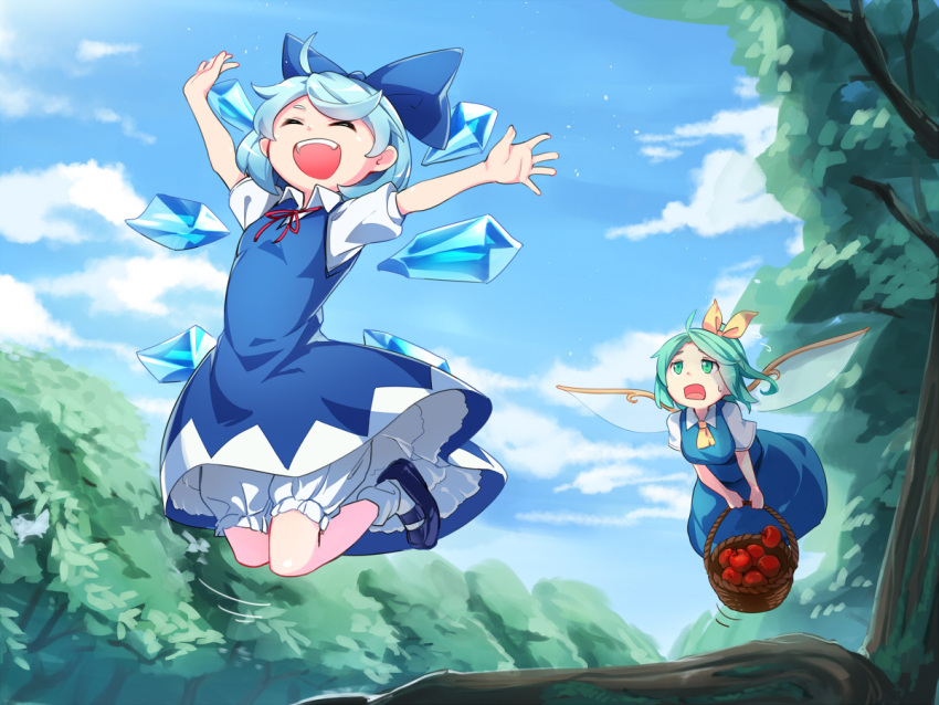 2girls apple arms_up asutora basket black_footwear bloomers blue_bow blue_dress blue_hair blue_sky bow cirno closed_eyes clouds daiyousei day dress fairy_wings flying food fruit green_eyes green_hair hair_bow hair_ribbon holding ice ice_wings multiple_girls open_mouth outdoors petticoat puffy_short_sleeves puffy_sleeves ribbon shoes short_hair short_sleeves sky smile socks summer touhou tree underwear white_legwear wings yellow_ribbon