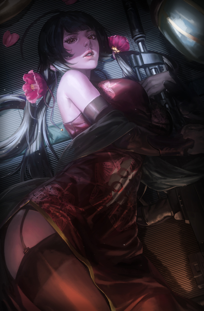 1girl absurdres ahoge anti-materiel_rifle bangs bare_shoulders black_hair black_legwear breasts brown_eyes china_dress chinese_clothes dress dsr-50_(girls_frontline) dsr-50_(weapon) flower garter_straps girls_frontline gun hair_flower hair_ornament highres holding holding_gun holding_weapon large_breasts long_hair looking_at_viewer lying on_side parted_lips red_dress rifle side_slit sleeveless sleeveless_dress sniper_rifle solo thigh-highs uronte very_long_hair weapon