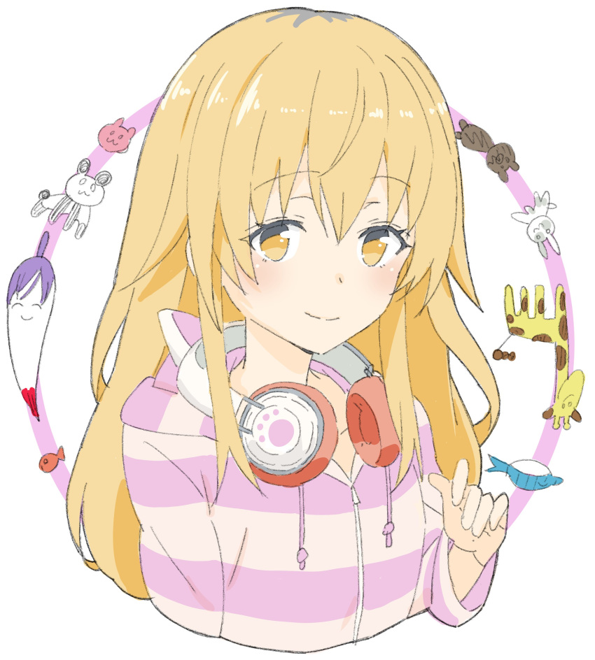 1girl absurdres blonde_hair blush closed_mouth copyright_request cropped_torso donguri_suzume eyebrows_visible_through_hair hand_up headphones headphones_around_neck highres hood hood_down hoodie long_sleeves looking_at_viewer smile solo striped striped_hoodie upper_body yellow_eyes