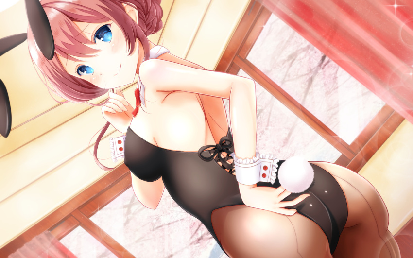 1girl animal_ears asato_kasuga ass black_leotard blue_eyes bow bowtie braid brown_hair brown_legwear bunny_girl bunny_tail bunnysuit commentary_request cowboy_shot curtains detached_collar dutch_angle from_behind girlfriend_(kari) girlfriend_note highres leotard long_hair looking_at_viewer looking_back masa_(mirage77) pantyhose rabbit_ears red_neckwear solo strapless strapless_leotard tail wallpaper window wrist_cuffs