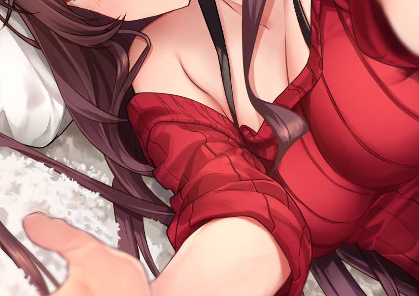 1girl baffu breasts brown_hair cleavage highres ichinose_shiki idolmaster idolmaster_cinderella_girls large_breasts long_hair lying off-shoulder_sweater on_side solo sweater