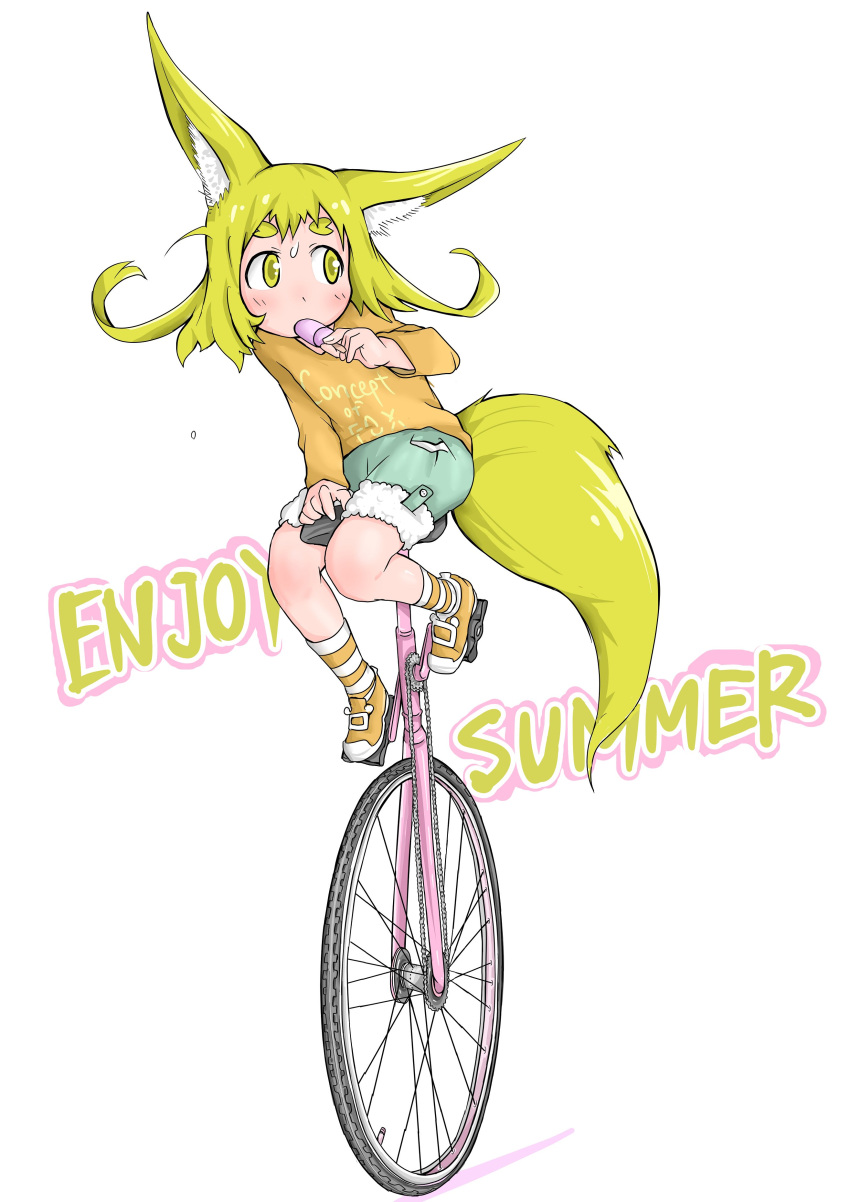 1girl absurdres animal_ears blonde_hair clothes_writing commentary_request doitsuken english fluffy fox_child_(doitsuken) fox_ears fox_tail fur_trim green_shorts hand_up highres holding long_sleeves orange_footwear original shoes shorts simple_background socks solo striped striped_legwear tail thick_eyebrows unicycle white_background