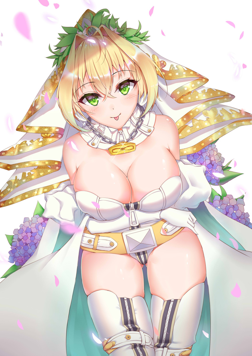 1girl absurdres bangs bare_shoulders belt blonde_hair blush breasts chains cleavage crossed_bangs detached_collar elbow_gloves eyebrows_visible_through_hair fate/extra fate/grand_order fate_(series) flower gloves green_eyes hair_between_eyes highres large_breasts leotard nero_claudius_(bride)_(fate) nero_claudius_(fate) nero_claudius_(fate)_(all) painttool_sai petals simple_background skindentation smile solo strapless strapless_leotard thigh-highs tongue veil white_background white_gloves white_legwear white_leotard yiyu_qing_mang zipper