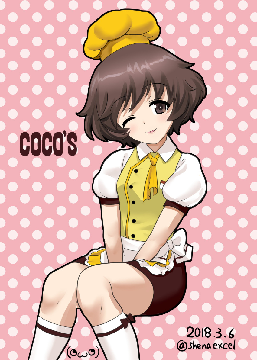 1girl absurdres akiyama_yukari alternate_costume apron ascot bangs bow_legwear brown_eyes brown_hair brown_skirt chef_hat coco's collared_shirt commentary_request copyright_name dated excel_(shena) eyebrows_visible_through_hair frilled_apron frills girls_und_panzer hat highres invisible_chair kneehighs knees_together_feet_apart light_smile looking_at_viewer messy_hair miniskirt one_eye_closed parted_lips pencil_skirt pink_background polka_dot polka_dot_background print_legwear puffy_short_sleeves puffy_sleeves shirt short_hair short_sleeves signature sitting skirt solo twitter_username v_arms waist_apron waitress white_apron white_legwear yellow_hat yellow_neckwear yellow_shirt
