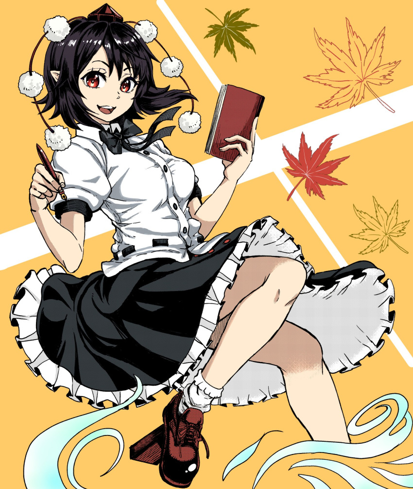 1girl black_hair black_neckwear black_skirt bow bowtie frilled_skirt frills geta hat highres holding holding_notepad holding_pen leaf looking_at_viewer maple_leaf natsushiro nib_pen_(object) notebook open_mouth pen pointy_ears pom_pom_(clothes) puffy_short_sleeves puffy_sleeves red_eyes red_footwear shameimaru_aya shirt short_hair short_sleeves skirt socks solo tengu-geta tokin_hat touhou white_legwear white_shirt yellow_background