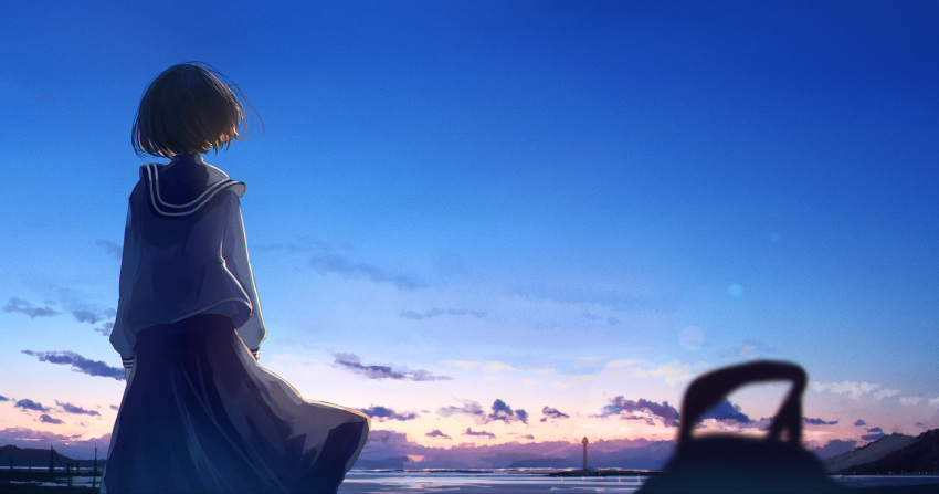 1girl black_skirt blue_sky blurry blurry_foreground brown_hair clouds day depth_of_field facing_away from_behind highres horizon lighthouse long_skirt long_sleeves mifuru original outdoors outstretched_arms puffy_long_sleeves puffy_sleeves school_uniform serafuku shirt short_hair skirt sky solo spread_arms sunlight white_shirt wind