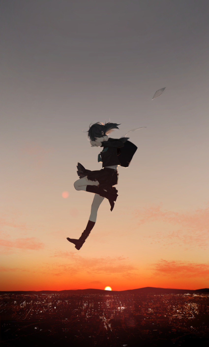 1girl bag black_hair bookbag city cityscape falling hasuhasuhasu0127 highres jumping kneehighs landscape midair original sailor_collar scenery school_uniform short_hair skirt sky sunset twilight