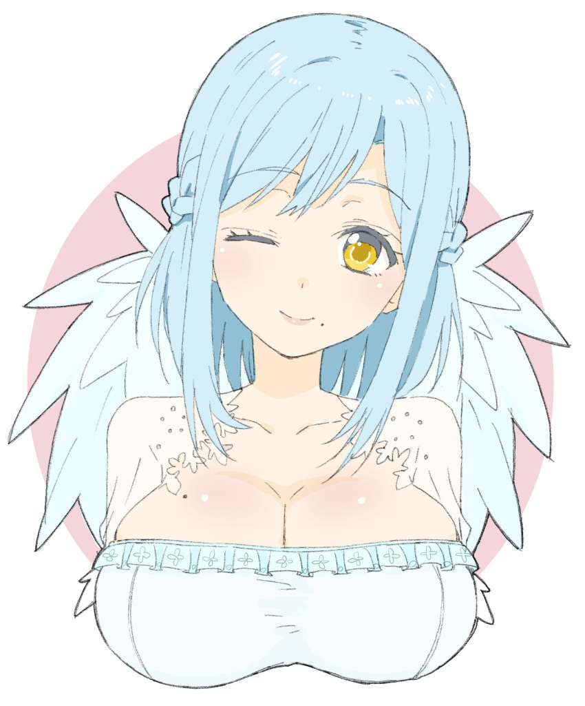 1girl absurdres blue_hair braid breasts cleavage copyright_request donguri_suzume eyebrows_visible_through_hair french_braid head_tilt highres large_breasts looking_at_viewer mole mole_on_breast mole_under_mouth one_eye_closed smile solo upper_body wings yellow_eyes