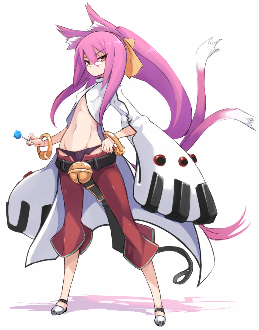 1girl animal_ears bangs bell black_belt black_panties blazblue breasts candy cat_ears cat_girl cat_tail commentary_request eyebrows_visible_through_hair fingernails food full_body glasses grey_footwear groin hair_between_eyes hair_ribbon hand_on_hip highres holding holding_lollipop jingle_bell karukan_(monjya) kokonoe lollipop long_hair midriff multiple_tails navel opaque_glasses orange_ribbon panties pants pince-nez pink_hair ponytail red_eyes red_pants revision ribbon sidelocks simple_background small_breasts solo standing tail two_tails underwear very_long_hair white_background white_coat
