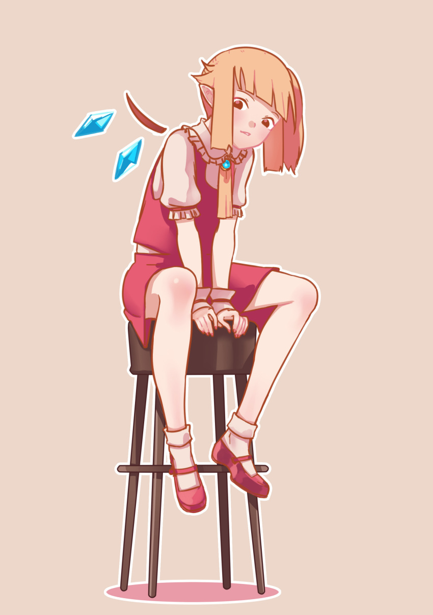 1girl absurdres ascot bangs blonde_hair blunt_bangs brown_eyes crystal flandre_scarlet full_body highres light_brown_background looking_at_viewer mary_janes pointy_ears red_footwear shoes short_sleeves side_ponytail simple_background sitting socks stool touhou white_legwear wings wrist_cuffs yellow_neckwear yoruny