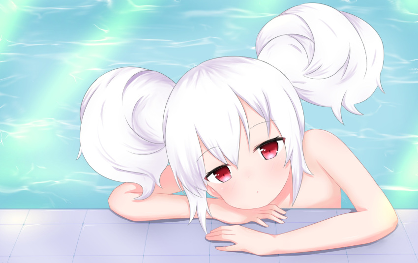 1girl :o arm_rest azur_lane bangs blush day double_bun eyebrows_visible_through_hair hair_between_eyes head_rest highres laffey_(azur_lane) looking_at_viewer nude outdoors parted_lips red_eyes sidelocks silver_hair solo sunlight water yuujoduelist