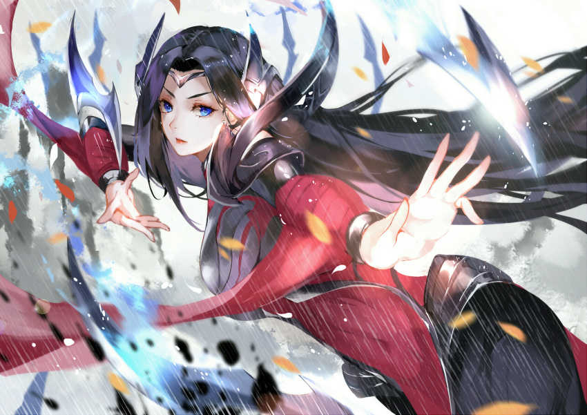 1girl arm_ribbon arm_wrap black_hair blade blue_eyes covered_navel eyebrows floating_swords headgear highres irelia league_of_legends long_hair looking_at_viewer outstretched_arm rain ribbon tagme vardan_(s645062222) very_long_hair