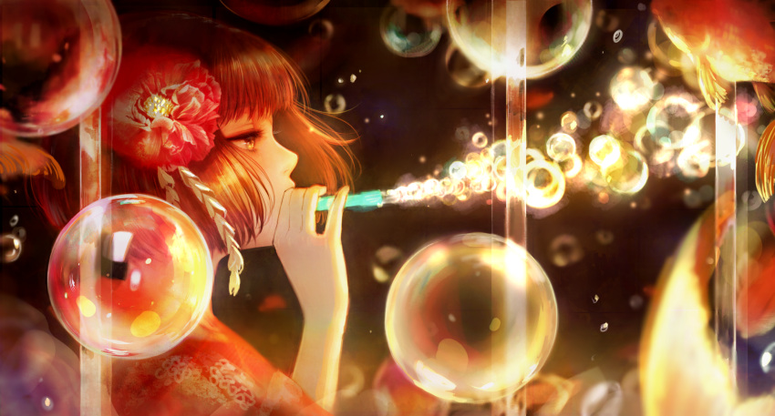 1girl brown_eyes brown_hair bubble bubble_blowing eyebrows_visible_through_hair floral_print flower from_side hair_flower hair_ornament hand_up highres holding japanese_clothes kimono original profile red_kimono solo upper_body