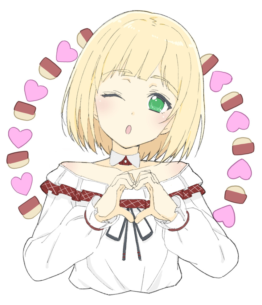 1girl absurdres bangs black_neckwear black_ribbon blonde_hair blunt_bangs blush copyright_request detached_collar donguri_suzume eyebrows_visible_through_hair green_eyes heart heart_hands highres long_sleeves looking_at_viewer neck_ribbon one_eye_closed ribbon shirt solo upper_body white_shirt