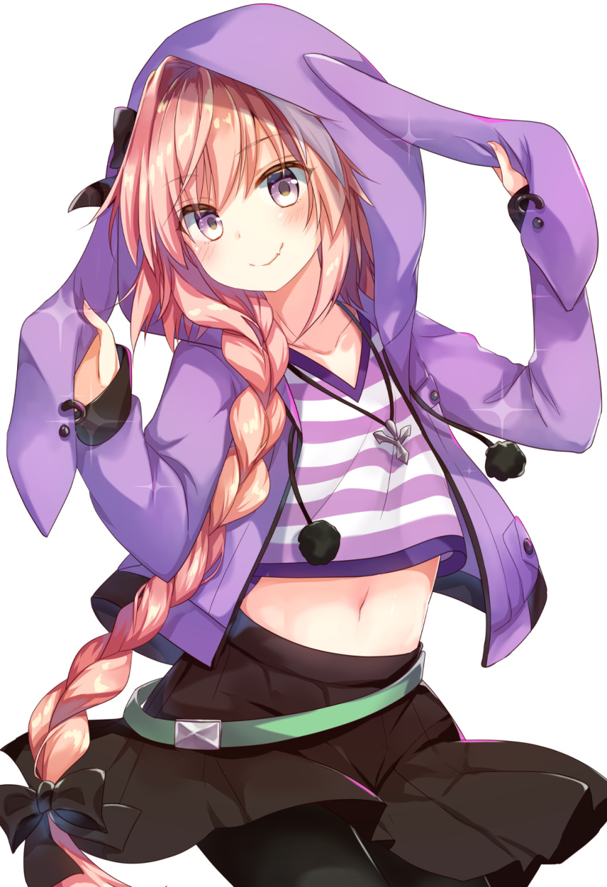 1boy animal_ears animal_hood astolfo_(fate) bangs black_bow black_legwear black_skirt blush bow braid bunny_hood closed_mouth contrapposto cowboy_shot eyebrows_visible_through_hair fake_animal_ears fang fang_out fate/grand_order fate_(series) gomano_rio hair_bow hands_up head_tilt headgear highres hood hood_up hooded_jacket jacket jewelry long_hair long_sleeves looking_at_viewer male_focus multicolored_hair navel necklace pantyhose pendant pink_hair pom_pom_(clothes) purple_jacket rabbit_ears shiny shiny_hair shirt simple_background single_braid skirt smile solo standing streaked_hair striped striped_shirt tareme trap v-neck very_long_hair violet_eyes white_background white_hair