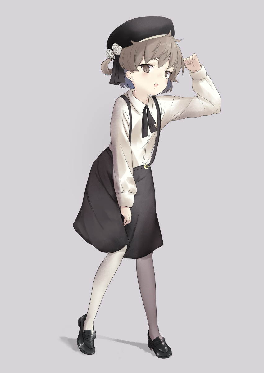 1girl :o absurdres bangs beret black_footwear black_hat black_ribbon black_skirt brown_eyes brown_hair censored collared_shirt commentary_request eyebrows_visible_through_hair fang flower grey_background hair_flower hair_ornament hair_rings hat hatoba_tsugu hatoba_tsugu_(character) highres loafers long_sleeves odeclea open_mouth pantyhose ribbon rose shirt shoes skirt solo standing suspender_skirt suspenders virtual_youtuber white_flower white_legwear white_rose white_shirt