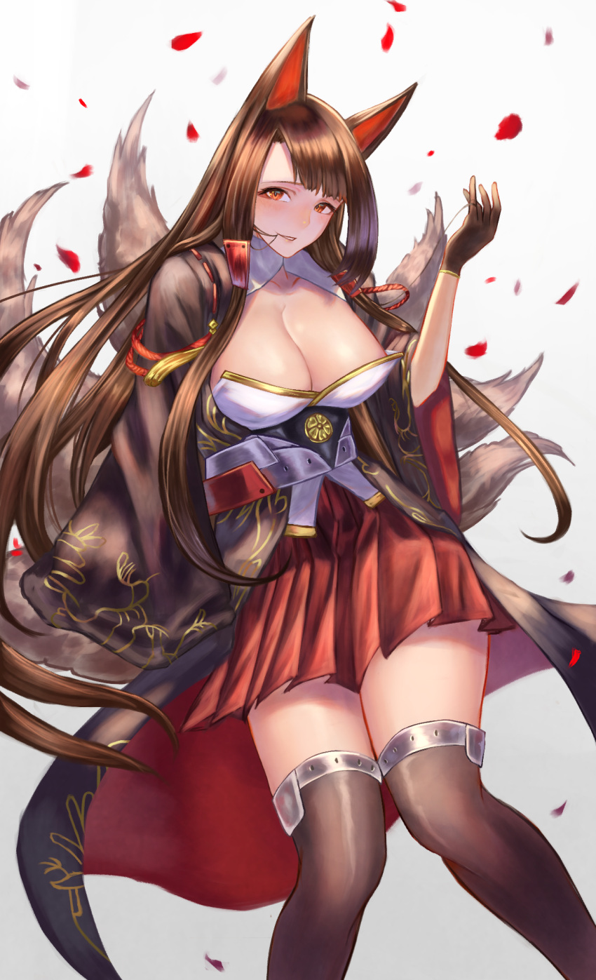 1girl aiguillette akagi_(azur_lane) animal_ears azur_lane bangs blush breasts brown_hair brown_legwear cleavage collarbone cowboy_shot floating_hair fox_ears fox_tail gloves gradient gradient_background hair_in_mouth hair_ornament half-closed_eyes hand_up hayataku1234 head_tilt highres japanese_clothes large_breasts long_hair looking_at_viewer multiple_tails parted_lips partly_fingerless_gloves petals pleated_skirt red_eyes red_skirt sidelocks simple_background skirt sleeves_past_wrists smile solo tail tassel thigh-highs thighs wide_sleeves wind wind_lift