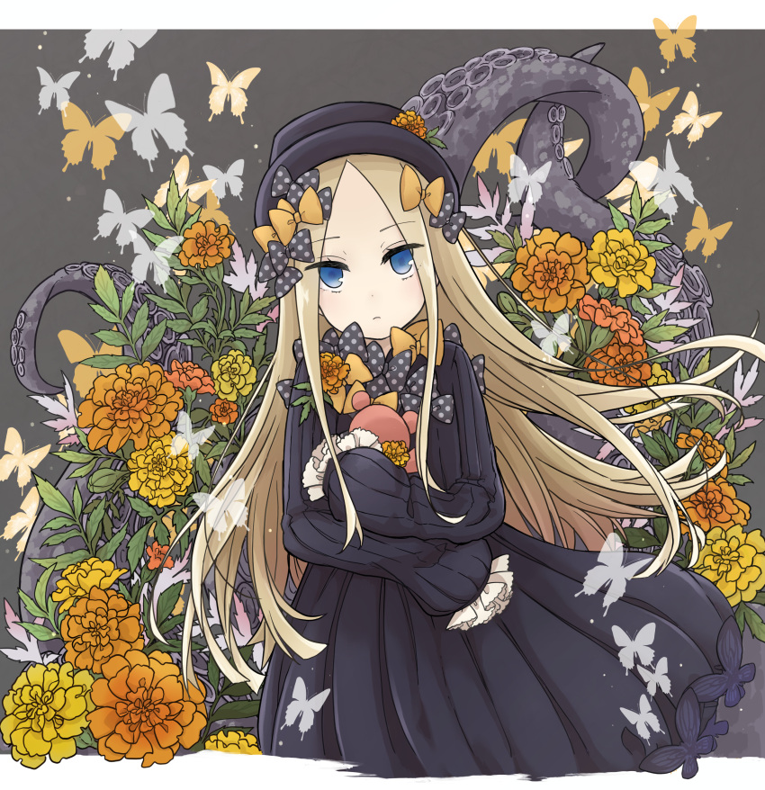 1girl abigail_williams_(fate/grand_order) absurdres bangs black_bow black_dress black_hat blonde_hair blue_eyes blush bow brown_flower butterfly closed_mouth commentary_request dress eyebrows_visible_through_hair fate/grand_order fate_(series) flower forehead grey_background hair_bow hana_pur24 hat highres insect long_hair long_sleeves object_hug orange_bow orange_flower parted_bangs polka_dot polka_dot_bow sleeves_past_fingers sleeves_past_wrists solo stuffed_animal stuffed_toy suction_cups teddy_bear tentacle very_long_hair yellow_flower