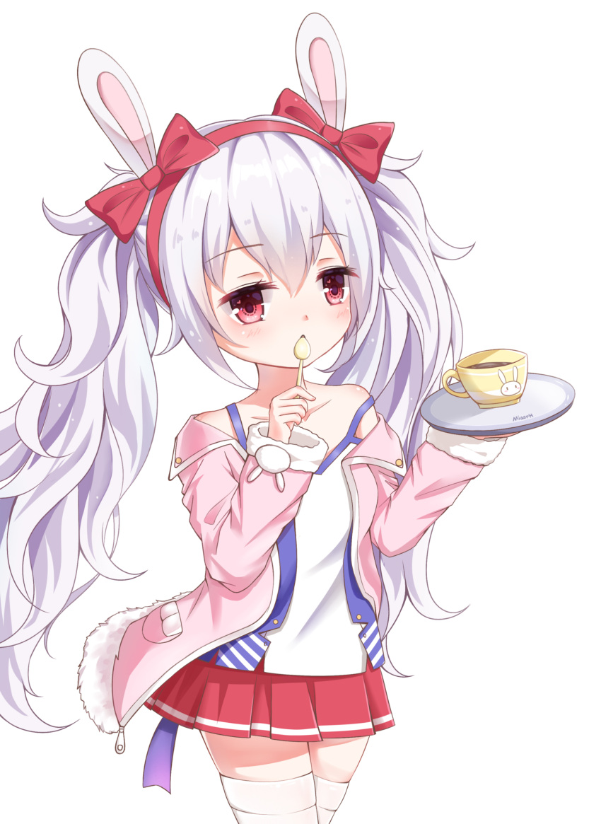 1girl absurdres animal_ears artist_name azur_lane bangs bare_shoulders blush bow camisole collarbone cowboy_shot cup eyebrows_visible_through_hair fur-trimmed_jacket fur-trimmed_sleeves fur_trim hair_between_eyes hair_bow hairband highres holding holding_plate holding_spoon jacket laffey_(azur_lane) long_hair long_sleeves miaorh off_shoulder open_clothes open_jacket parted_lips pink_jacket plate pleated_skirt rabbit_ears red_bow red_eyes red_hairband red_skirt sidelocks silver_hair simple_background skirt solo spoon strap_slip teacup thigh-highs twintails very_long_hair white_background white_camisole white_legwear