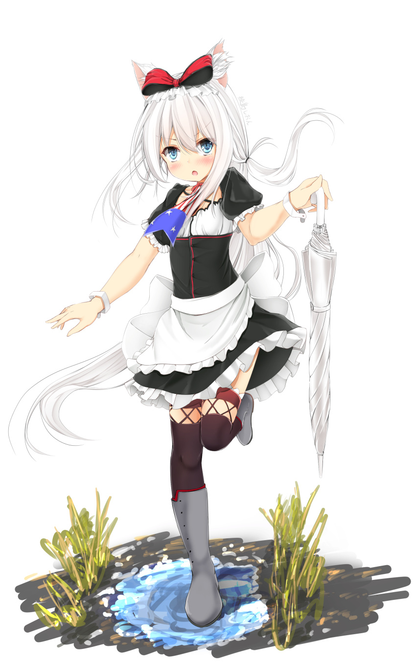 1girl absurdres american_flag american_flag_print apron artist_name azur_lane bangs black_dress blue_eyes blush boots brown_legwear closed_umbrella commentary_request dress eyebrows_visible_through_hair flag_print frilled_apron frilled_dress frills grey_footwear hair_between_eyes hammann_(azur_lane) highres holding holding_umbrella maru_shion open_mouth print_neckwear puffy_short_sleeves puffy_sleeves short_sleeves simple_background solo standing standing_on_one_leg thigh-highs umbrella waist_apron water white_apron white_background white_hair white_umbrella wrist_cuffs