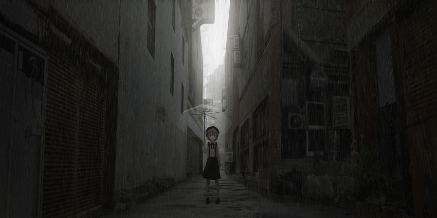 1girl absurdres air_conditioner alley asuteroid bangs beret black_footwear black_hat black_skirt brown_eyes brown_hair closed_mouth clouds cloudy_sky coat collared_shirt commentary_request day eyebrows_visible_through_hair hat hatoba_tsugu hatoba_tsugu_(character) highres holding holding_umbrella long_sleeves looking_at_viewer outdoors overcoat pantyhose rain scenery shirt shoes skirt sky solo standing suspender_skirt suspenders transparent_umbrella umbrella virtual_youtuber white_legwear white_shirt