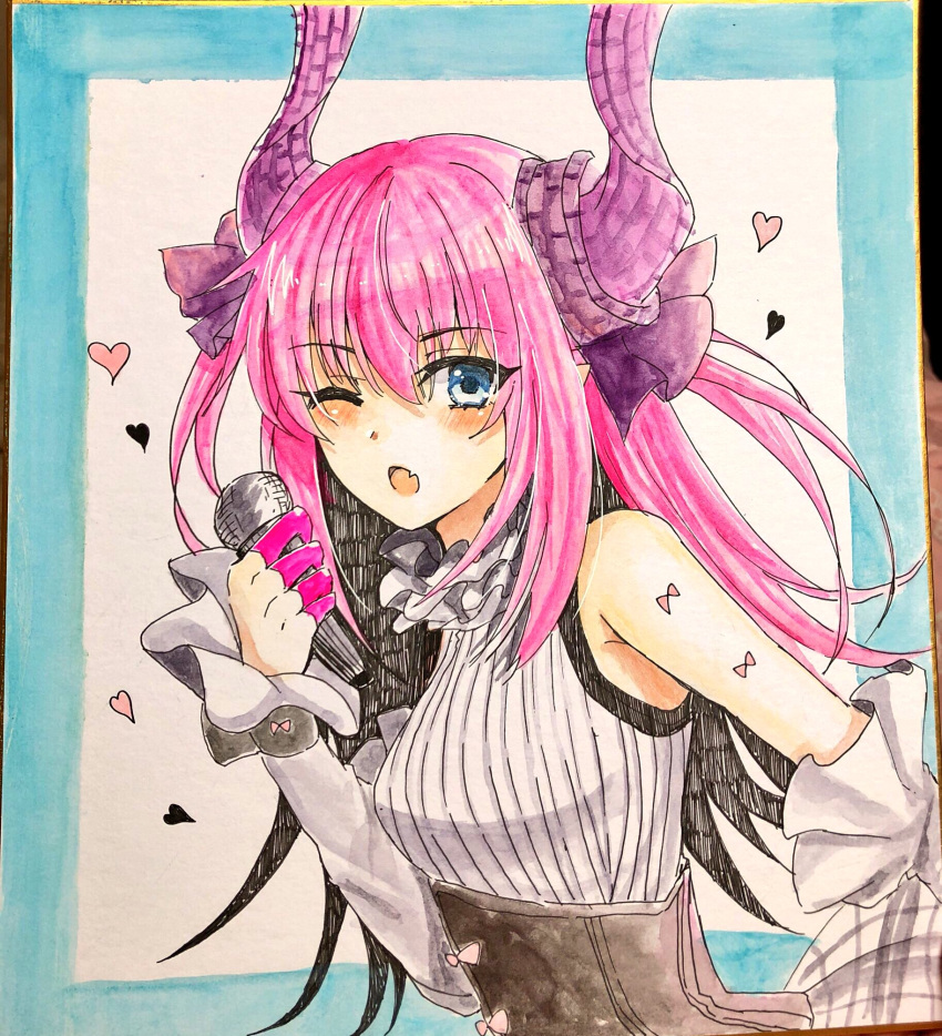 1girl ;o bangs bare_shoulders blush breasts curled_horns detached_sleeves dragon_horns elizabeth_bathory_(fate) elizabeth_bathory_(fate)_(all) eyebrows_visible_through_hair fang fate/extra fate/extra_ccc fate_(series) hair_between_eyes hair_ribbon heart highres holding holding_microphone horns long_hair long_sleeves looking_at_viewer marker_(medium) microphone one_eye_closed parted_lips photo purple_ribbon ribbon shirt sidelocks sleeveless sleeveless_shirt sleeves_past_wrists small_breasts solo tanaji traditional_media two_side_up very_long_hair