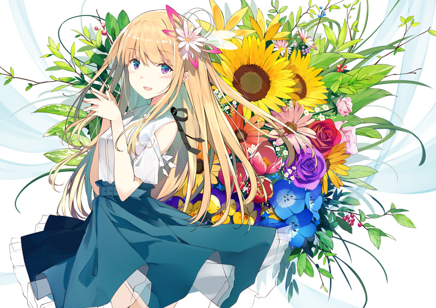 1girl :d bangs belt black_ribbon blonde_hair blue_eyes blue_skirt bouquet collared_shirt commentary english_commentary flower flower_request hair_flower hair_ornament hands_together highres long_hair multicolored multicolored_eyes open_mouth original purple_flower purple_rose red_flower red_rose ribbon rose shirt short_sleeves shoulder_cutout skirt smile solo sunflower sutorora violet_eyes white_shirt