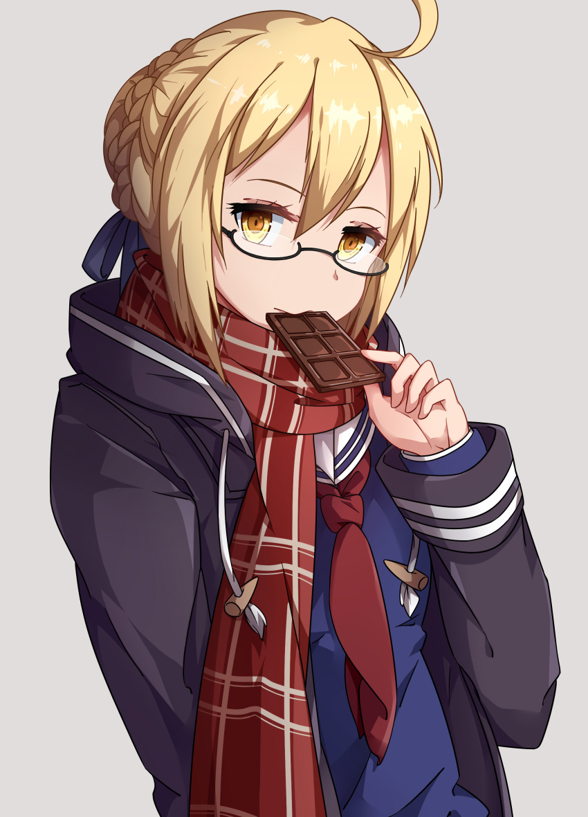 1girl absurdres ahoge artoria_pendragon_(all) blonde_hair chocolate eyebrows_visible_through_hair fate/grand_order fate_(series) glasses hair_bun highres holding long_sleeves looking_at_viewer mysterious_heroine_x_(alter) plaid plaid_scarf red_scarf scarf school_uniform semi-rimless_eyewear serafuku solo under-rim_eyewear upper_body yellow_eyes