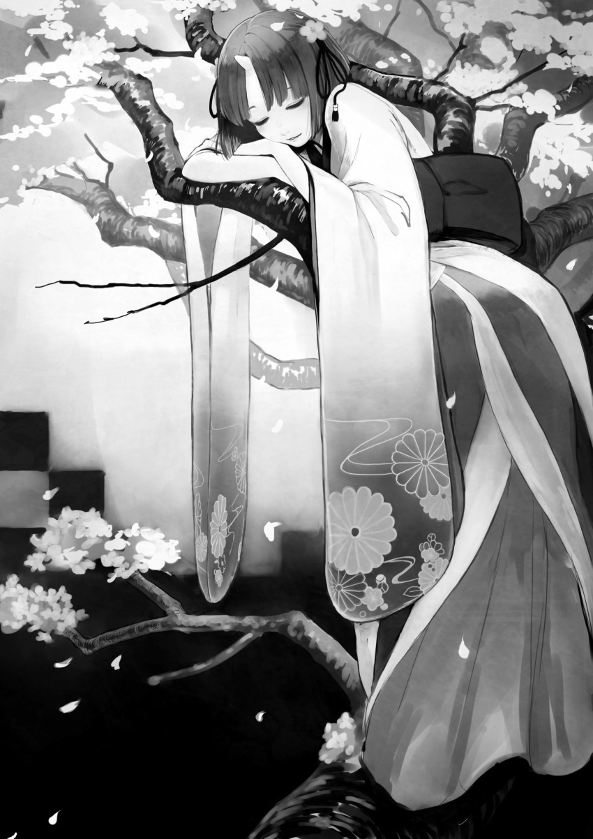 1girl bangs branch cherry_blossoms closed_eyes closed_mouth floral_print greyscale hair_ribbon highres horn japanese_clothes kimono long_sleeves monochrome obi oni oni_horn original parted_bangs ribbon romiy sash short_hair sleeping smile solo wide_sleeves