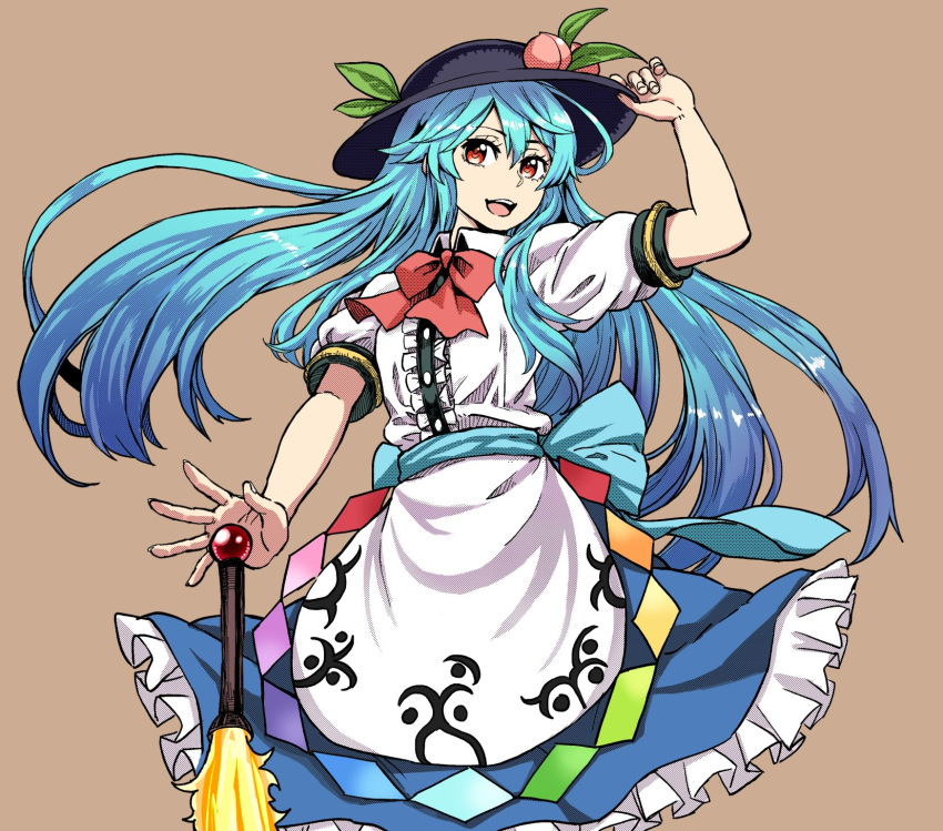 1girl apron black_hat blue_hair blue_skirt bow bowtie brown_background cowboy_shot food fruit hat highres hinanawi_tenshi long_hair natsushiro open_mouth peach rainbow_order red_bow red_eyes red_neckwear shirt short_sleeves simple_background skirt solo sword_of_hisou touhou waist_apron white_shirt