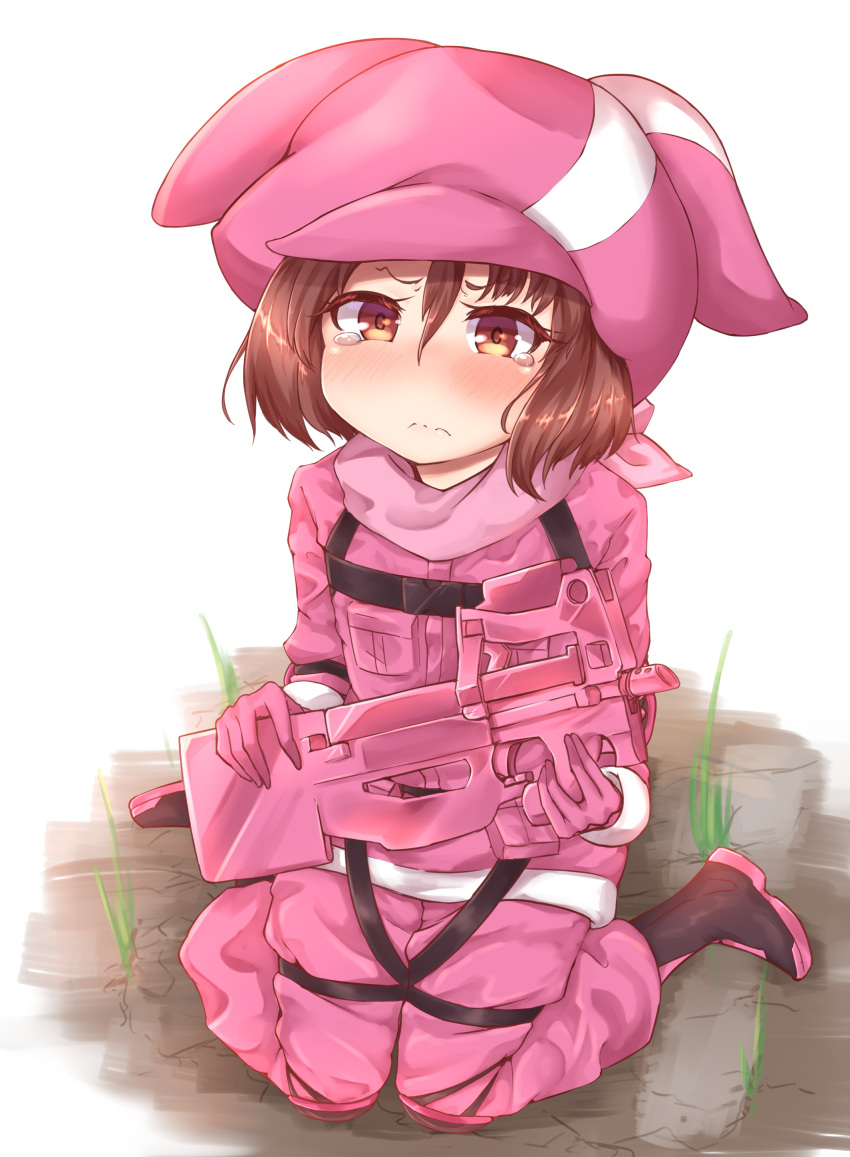 1girl absurdres animal_ears animal_hat bangs black_footwear blush boots brown_eyes brown_hair bullpup bunny_hat cabbie_hat closed_mouth commentary_request eyebrows_visible_through_hair gloves gun hair_between_eyes hat highres holding holding_gun holding_weapon jacket llenn_(sao) long_hair long_sleeves makano_mucchi nose_blush p90 pants pink_gloves pink_hat pink_jacket pink_pants rabbit_ears sitting solo submachine_gun sword_art_online sword_art_online_alternative:_gun_gale_online tears wariza wavy_mouth weapon