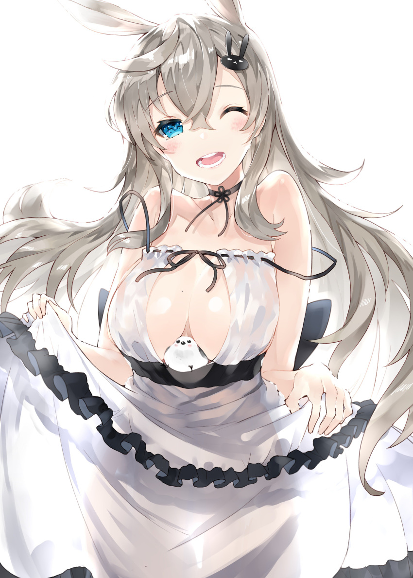 1girl absurdres animal_ears bare_shoulders blue_eyes breasts bunny_hair_ornament cleavage cleavage_cutout dress grey_hair hair_ornament highres kou_mashiro large_breasts long_hair rabbit_ears