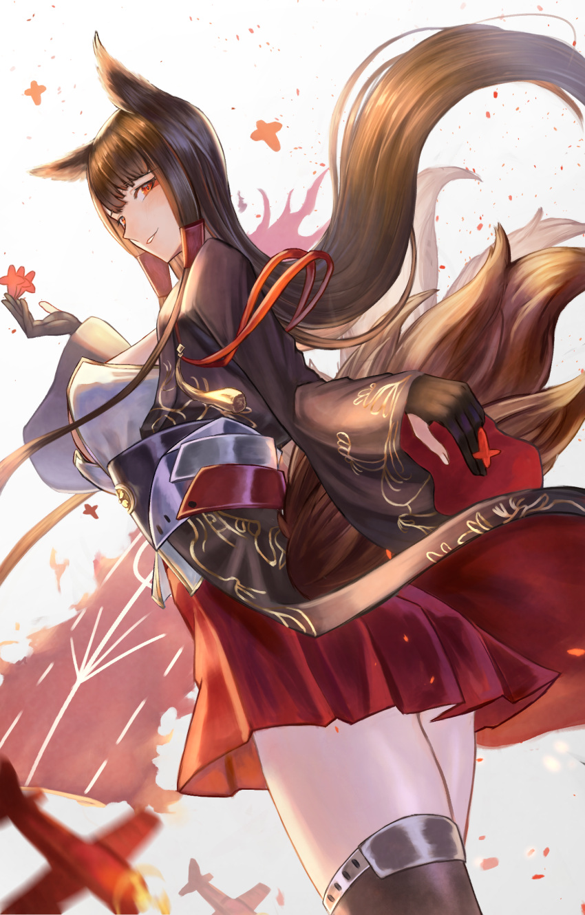 1girl aiguillette akagi_(azur_lane) animal_ears azur_lane bangs blush breasts brown_hair brown_legwear cleavage collarbone cowboy_shot eyebrows_visible_through_hair floating_hair fox_ears fox_tail from_behind gloves gradient gradient_background hair_in_mouth hair_ornament half-closed_eyes hand_up hayataku1234 head_tilt highres japanese_clothes large_breasts long_hair looking_at_viewer looking_back multiple_tails parted_lips partly_fingerless_gloves petals pleated_skirt red_eyes red_skirt shikigami sidelocks simple_background skirt sleeves_past_wrists smile solo tail tassel thigh-highs thighs wide_sleeves wind wind_lift