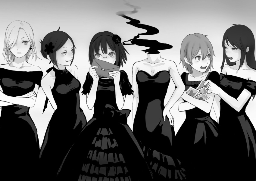 1girl 6+girls :p bare_shoulders blush breasts celty_sturluson character_request cleavage closed_mouth covering_mouth dress dullahan durarara!! earrings embarrassed eye_contact flower glasses gradient gradient_background grey_background greyscale hair_bun hair_flower hair_ornament hair_over_one_eye hand_on_hip harima_mika highres jewelry karisawa_erika long_dress long_hair looking_at_another monochrome multiple_girls open_mouth photo_(object) pince-nez romiy short_hair smile sonohara_anri standing tongue tongue_out vorona yagiri_namie