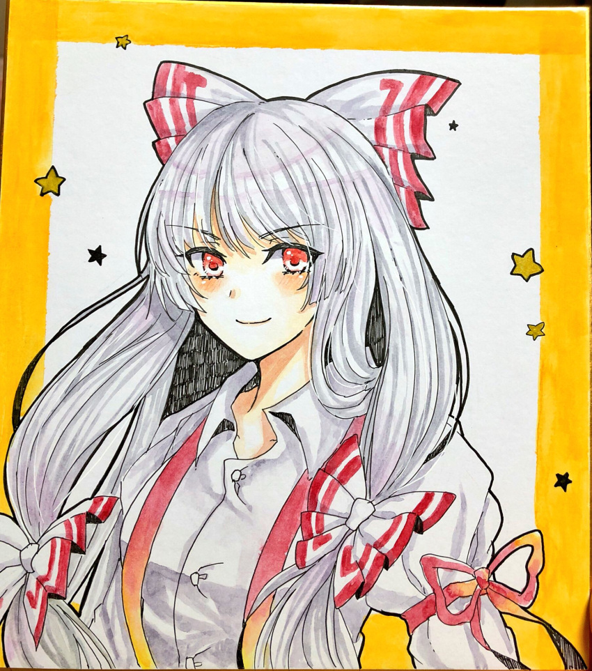 1girl blush bow collared_shirt eyebrows_visible_through_hair fujiwara_no_mokou grey_hair hair_bow highres juliet_sleeves long_hair long_sleeves looking_at_viewer photo puffy_sleeves red_eyes red_ribbon ribbon shirt smile solo star suspenders tanaji touhou traditional_media upper_body white_shirt wing_collar