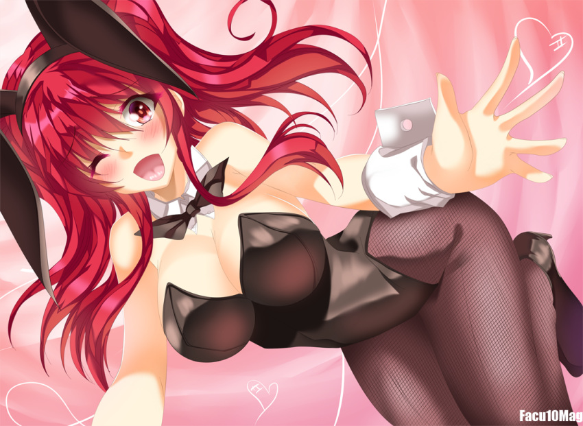 1girl animal_ears artist_name black_legwear black_leotard black_neckwear breasts bunnysuit detached_collar facu10mag fishnet_pantyhose fishnets heart large_breasts leotard long_hair looking_at_viewer one_eye_closed open_mouth outstretched_arms pantyhose rabbit_ears rakudai_kishi_no_cavalry red_background red_eyes redhead smile solo stella_vermillion strapless strapless_leotard wrist_cuffs