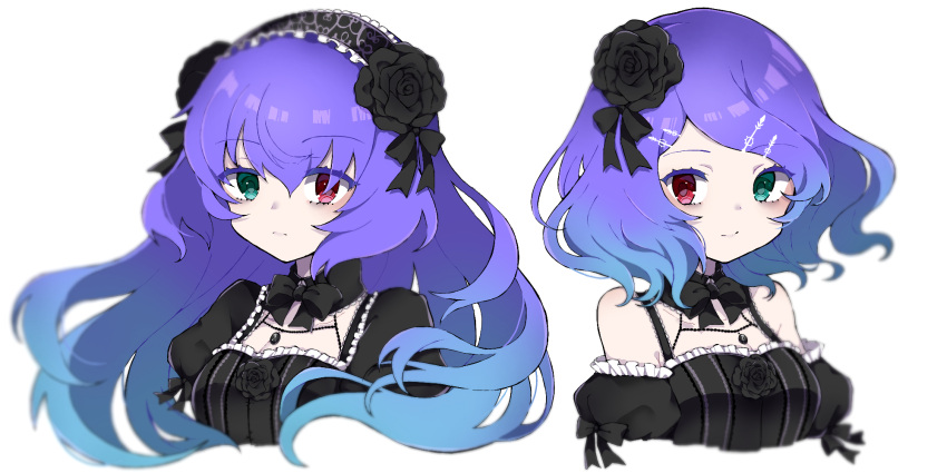 2girls anti_the_infinite_holic_(vocaloid) bare_shoulders black_flower blue_eyes blue_hair breasts cleavage cleavage_cutout detached_collar detached_sleeves expressionless flower gothic_lolita hair_between_eyes hair_flower hair_ornament hairband heterochromia highres kagamine_rin lolita_fashion lolita_hairband long_hair looking_at_viewer medium_breasts medium_hair megurine_luka multicolored_hair multiple_girls puffy_short_sleeves puffy_sleeves purple_hair red_eyes short_sleeves simple_background smile takae_(poupee_en_biscuit) upper_body vocaloid white_background